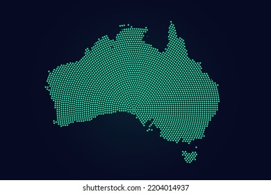 Australia Map - World map vector template with green dots, grid, grunge, halftone style isolated on dark background for education, infographic, design, website - Vector illustration eps 10