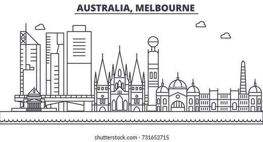 Australia, Melbourne Architecture Line Skyline Illustration. Linear Vector Cityscape With Famous Landmarks, City Sights, Design Icons. Landscape Wtih Editable Strokes