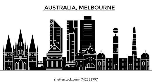 Australia, Melbourne architecture vector city skyline, travel cityscape with landmarks, buildings, isolated sights on background