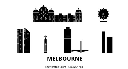 Australia, Melbourne City flat travel skyline set. Australia, Melbourne City black city vector illustration, symbol, travel sights, landmarks.