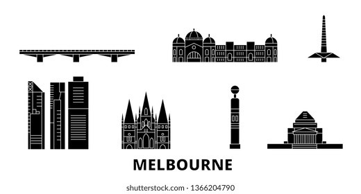 Australia, Melbourne flat travel skyline set. Australia, Melbourne black city vector illustration, symbol, travel sights, landmarks.