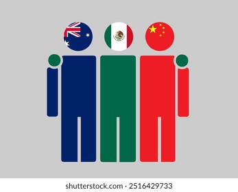 Austrália, México e China Bandeiras Nacionais Com Corpo Abraçante. Ilustração de vetor. Plano de fundo isolado.