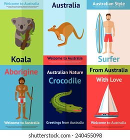 Australia mini poster set with koala surfer crocodile isolated vector illustration