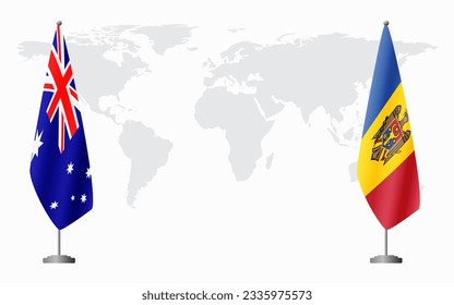Australia and Moldova flags for official meeting against background of world map.