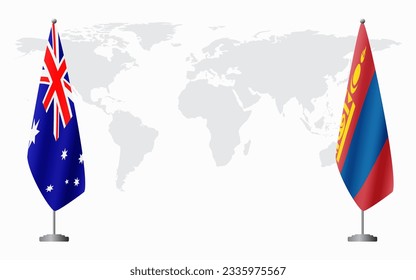 Australia and Mongolia flags for official meeting against background of world map.