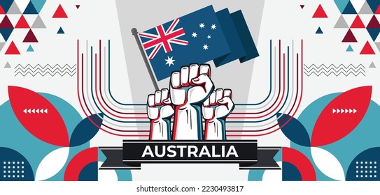 Australia national day banner with Australian flag colors theme background and geometric abstract retro modern blue red white design. Australian people. Sports Games Supporters Vector Illustration.