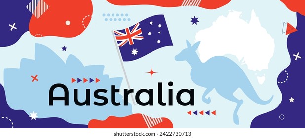 Australia national day design with Australian flag and map with Kangaroo and Sydney Opera House landmark silhouettes. Abstract geometric banner with blue and red simple shapes 