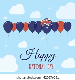 Australia National Day Flat Patriotic Poster. Row of Balloons in Colors of the Australian flag. Happy National Day Australia Card with Flags, Balloons, Clouds and Sky.