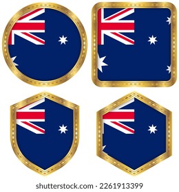 Australia National Flag Collection Set of Circular, Square, Shield, Hexagon Gold Border Logo Button Icon Vector Design Isolated on White Background