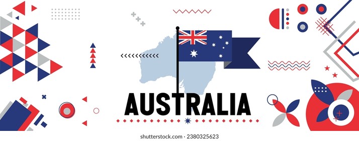 Australien National- oder Unabhängigkeitstag Banner Design für Country-Feiern. Flagge und Karte Australiens mit modernem Retro-Design und abstrakten geometrischen Symbolen. Vektorgrafik.