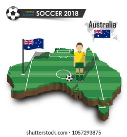 Australia national soccer team . Football player and flag on 3d design country map . isolated background . Vector for international world championship tournament 2018 concept .