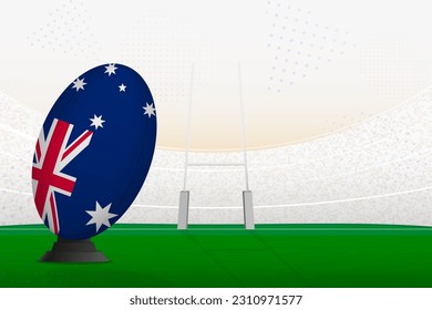 Selección de rugby de Australia en el estadio de rugby y puestos de gol, preparándose para un penal o patada libre. Ilustración vectorial.