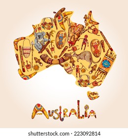 Australia native aboriginal tribal ethnic colored sketch symbols in australian continent shape vector illustration