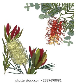 australische Blumenmuster mit Gravellia, Leucadendron und Eukalyptusblättern auf dunkelnavem Hintergrund