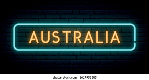 Australia neon sign. Bright light signboard. Vector banner.