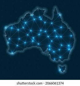 Australia Network Map. Abstract Geometric Map Of The Country. Digital Connections And Telecommunication Design. Glowing Internet Network. Modern Vector Illustration.