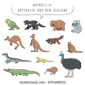 Australia and New Zealand animal illustration set