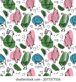 Australia and New Zealand birds seamless pattern. Vector hand-drawn background in doodle style. Cute cartoon characters: lyrebird, kiwi and cockatoo