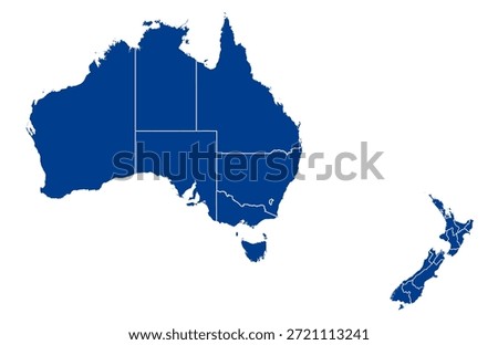 Australia and New Zealand Map vector with all States and territories in blue. Similar map blank of  Australia and New Zealand on white background.  High quality map.  EPS10.