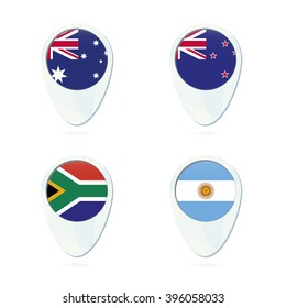 Australia, New Zealand, South Africa, Argentina flag location map pin icon. Australia Flag, New Zealand Flag, South Africa Flag, Argentina Flag. Vector Illustration.