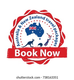 Australia and New Zealand travel package - Book now! Printable sticker / label; contains Australia and New Zealand's maps and flags, a kangaroo and a Kiwi bird