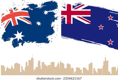 Australia and New Zealand  Vector Flag with the background of Buildings. Vector Illustration