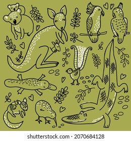 Australia and New Zealand wild animals set. Vector hand-drawn illustration with cartoon characters in doodle style. Cute kangaroo, koala, platypus, crocodile, sugar possum, lyrebird, kiwi and cockatoo