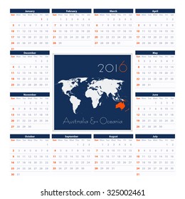 Australia and Oceania 2016 Calendar Vector Template. Week Starts Sunday.