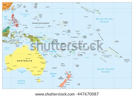 Australia and Oceania detailed political map. All elements are separated in editable layers clearly labeled.