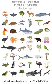 Australia and Oceania flora and fauna, flat elements. Animals, birds and sea life big set. Build your geography infographics collection. Vector illustration