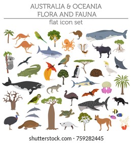 Australia and Oceania flora and fauna, flat elements. Animals, birds and sea life big set. Build your geography infographics collection. Vector illustration