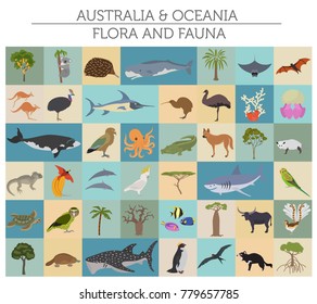 Australia and Oceania flora and fauna, flat elements. Animals, birds and sea life big set. Build your geography infographics collection. Vector illustration