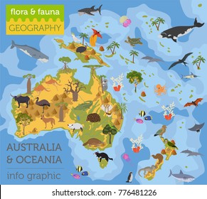 Australia and Oceania flora and fauna map, flat elements. Animals, birds and sea life big set. Build your geography infographics collection. Vector illustration