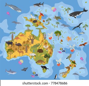 Australia and Oceania flora and fauna map, flat elements. Animals, birds and sea life big set. Build your geography infographics collection. Vector illustration