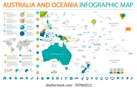 Australia and Oceania Map - Detailed Info Graphic Vector Illustration