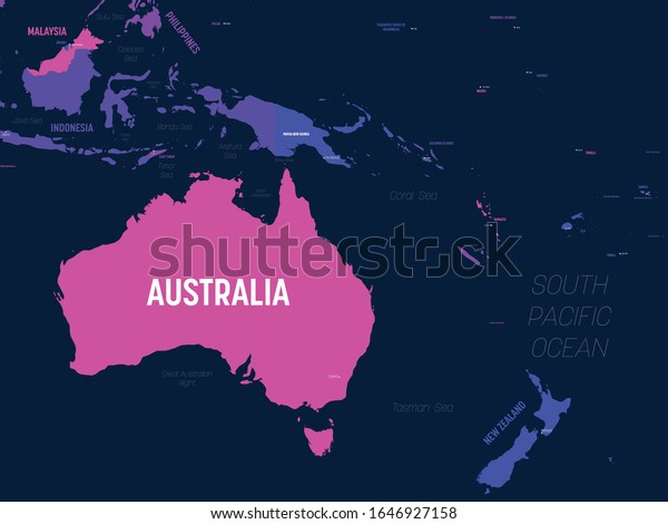 オーストラリアとオセアニアの地図 オーストラリアと太平洋地域の詳細な政治地図 国名 首都名 海名 海名のラベル付き のベクター画像素材 ロイヤリティフリー
