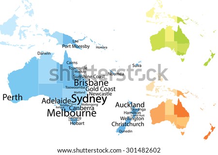 Australia and Oceania map with largest cities. Carefully scaled text by city population. Visit more illustrations in my collection!