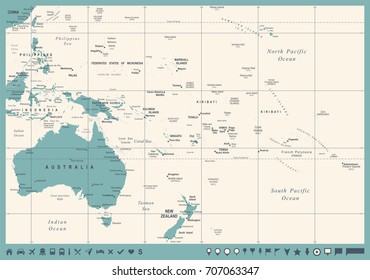 Australia and Oceania Map - Vintage Detailed Vector Illustration