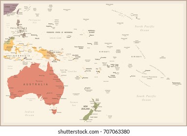 Australia and Oceania Map - Vintage Detailed Vector Illustration