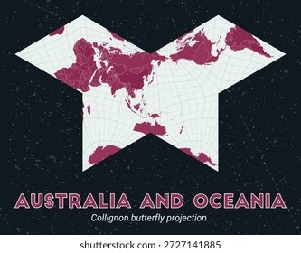 Australia and Oceania. World map. Collignon butterfly projection centered to Australia and Oceania. Pale Mint Dark Pink palette. Vintage texture. Classy vector illustration.