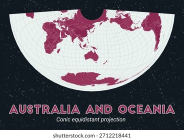Australia y Oceanía. Mapa mundial. Proyección cónica equidistante centrada en Australia y Oceanía. Pale Mint Dark Pink. Textura de Antiguas. Ilustración vectorial con estilo.