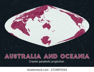 Australia y Oceanía. Mapa mundial. Proyección parabólica de Craster centrada en Australia y Oceanía. Pale Mint Dark Pink. Textura de Antiguas. Ilustración vectorial Auténtica.