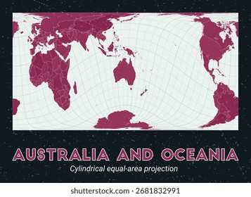 Australia y Oceanía. Mapa mundial. Proyección cilíndrica de igual área centrada en Australia y Oceanía. Pale Mint Dark Pink. Textura de Antiguas. Una Ilustración vectorial increíble.