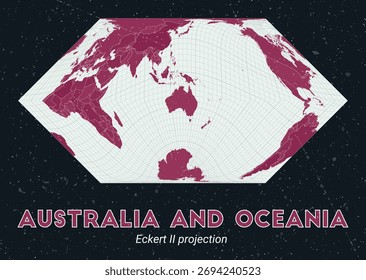 Austrália e Oceania. Mapa do mundo. A projeção de Eckert II é centrada na Austrália e Oceania. Paleta de menta pálida rosa escuro. Textura vintage. Ilustração de vetor ativo.