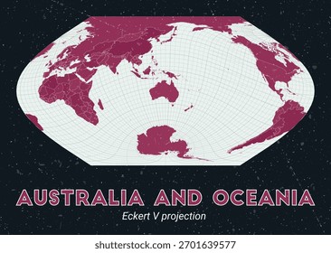 Australia y Oceanía. Mapa mundial. Proyección Eckert V centrada en Australia y Oceanía. Pale Mint Dark Pink. Textura de Antiguas. Ilustración vectorial ordenada.