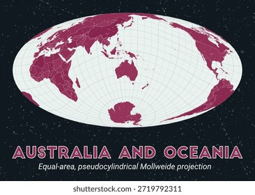 Australien und Ozeanien. Weltkarte. Pseudozylindrische Mollweide-Projektion mit gleicher Fläche, zentriert auf Australien und Ozeanien. Pale Mint Dunkelrosa Palette. Vintage-Textur. Charmante Vektorgrafik.