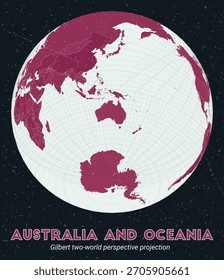 Australia y Oceanía. Mapa mundial. Gilbert proyección de perspectiva de dos mundos centrada en Australia y Oceanía. Pale Mint Dark Pink. Textura de Antiguas. Ilustración vectorial ordenada.