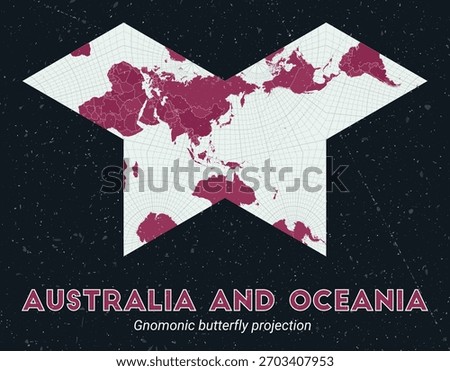 Australia and Oceania. World map. Gnomonic butterfly projection centered to Australia and Oceania. Pale Mint Dark Pink palette. Vintage texture. Artistic vector illustration.