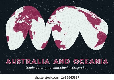Australia y Oceanía. Mapa mundial. Goode interrumpió la proyección de homolosina centrada en Australia y Oceanía. Pale Mint Dark Pink. Textura de Antiguas. Ilustración vectorial moderna.