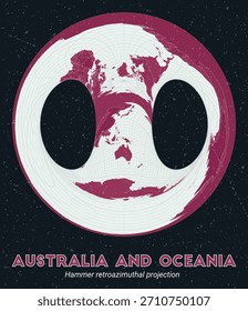 Australia and Oceania. World map. Hammer retroazimuthal projection centered to Australia and Oceania. Pale Mint Dark Pink palette. Vintage texture. Classy vector illustration.
